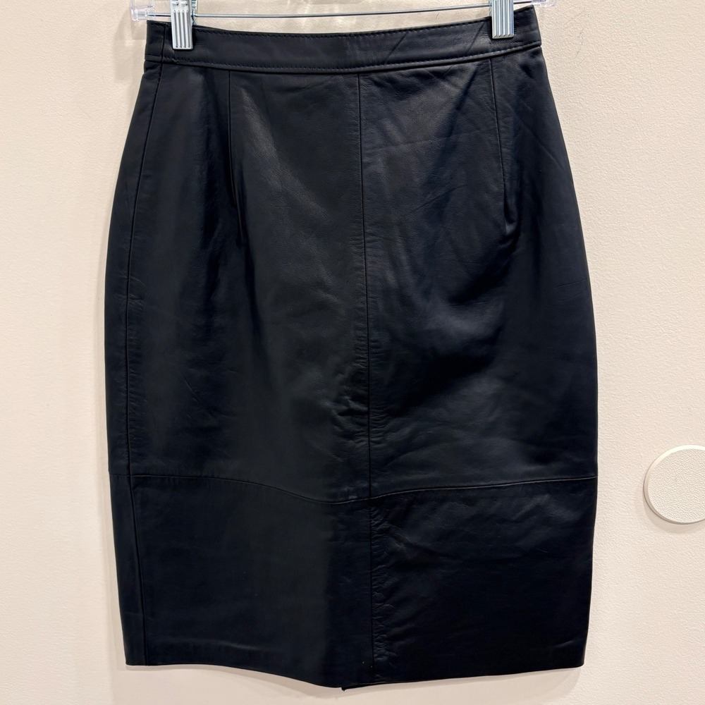 VTG 80s Comint Black Leather Pencil‎ Skirt High Waisted Minimalist Staple Small